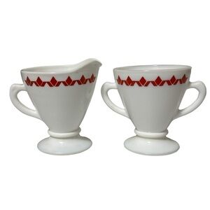 Vintage Hazel Atlas Milk Glass Footed Sugar Creamer Red Diamond Tulips